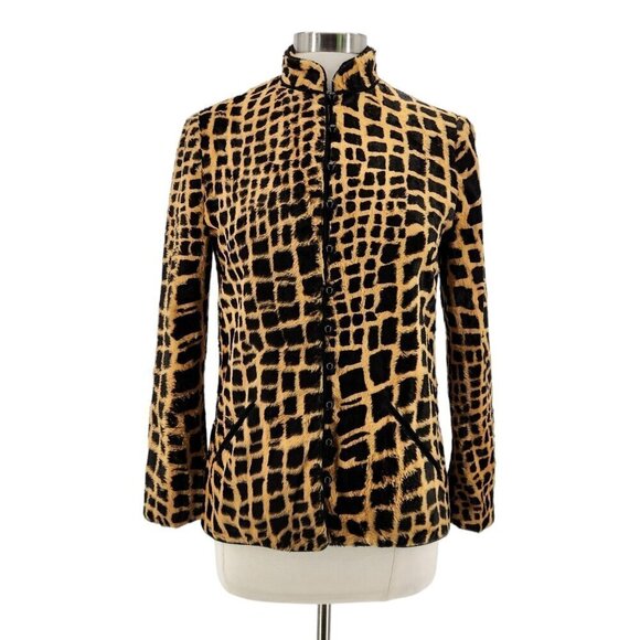 Vintage David Barr Faux Fur Retro Tan Black Fitted Button Jacket Womens 8 - Picture 1 of 12
